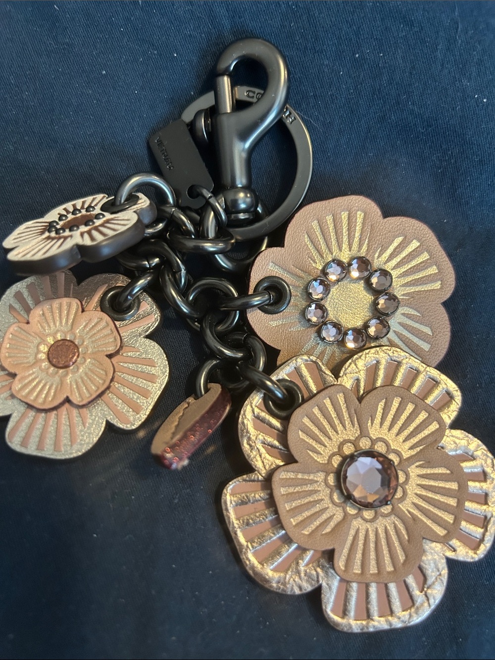 Coach beige Floral Leather Key & Card Holder Charm with Gunmetal Hardware